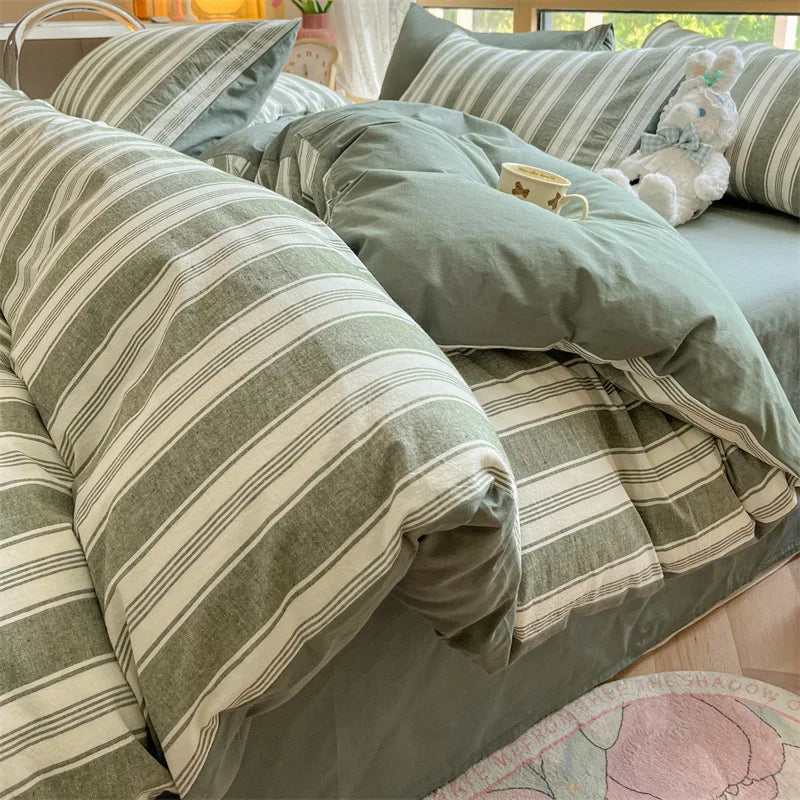 DecorBites™ Cotton Striped Bedding Set Yarn Dyed Washed Duvet Cover Single Bedclothes