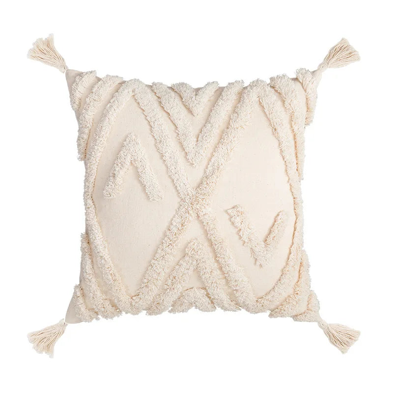 DecorBites™ Boho Tufted Embroidered Cotton Canvas Cushion Cover Grey Beige Tassel Pillowcase