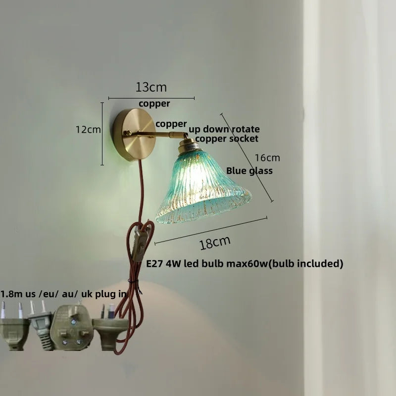 DecorBites™ Blue Glass Wall Sconce Pull Chain Switch Rotate Stair Light