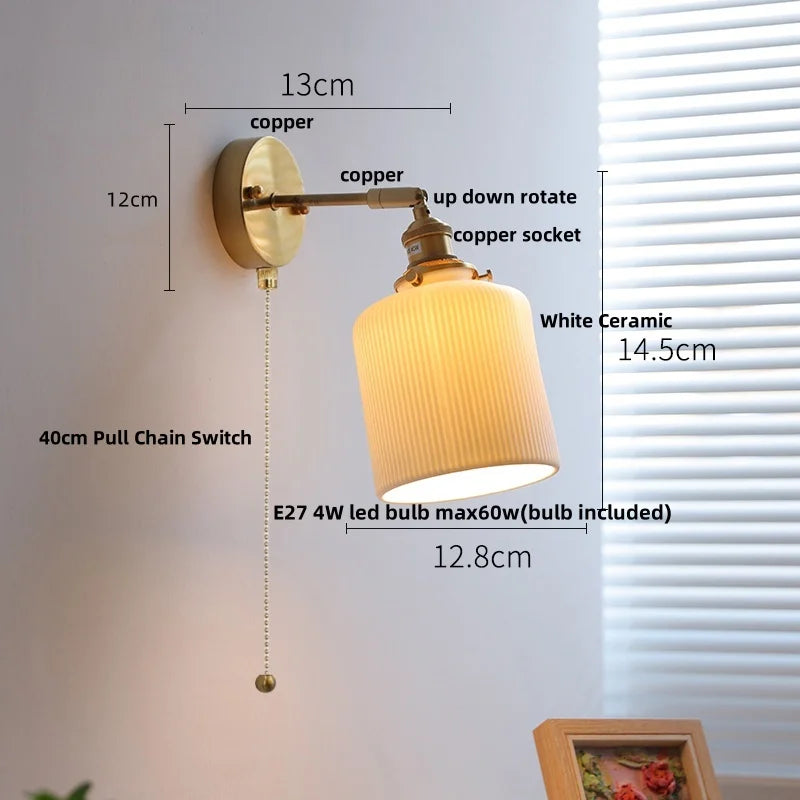 DecorBites™ Copper Canopy LED Wall Sconce, White Ceramic Bedside Light for Bedroom, Modern Nordic Design