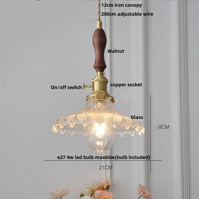 DecorBites™ Glass LED Pendant Lamp Walnut Wood Copper Switch Nordic Hanging Light