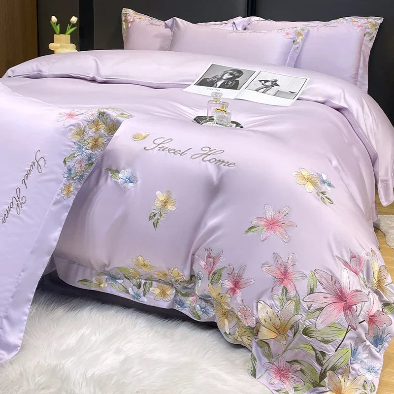 DecorBites™ Flowers Embroidery Silky Duvet Set with Comforter Cover & Fitted Sheet