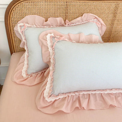 DecorBites™ Blue Pink Lattice Bedding Set: Princess Ruffles Bow, 100% Cotton Quilt Cover, Sheet, Pillowcases
