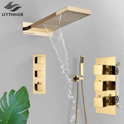 DecorBites™ Black Thermostatic Waterfall Rainfall Shower Faucet with Handshower