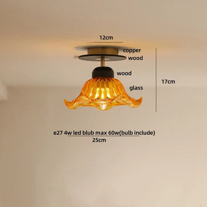DecorBites™ Amber Glass Ceiling Lamp Wood Nordic Modern Bedroom Bathroom Light