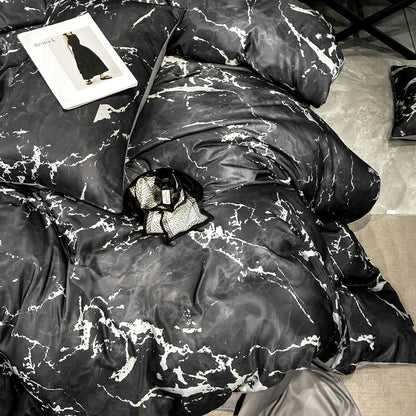 DecorBites™ Black Grey Marble Ice Silk Duvet Cover Set - Luxury Cooling Comfort, Nordic Style