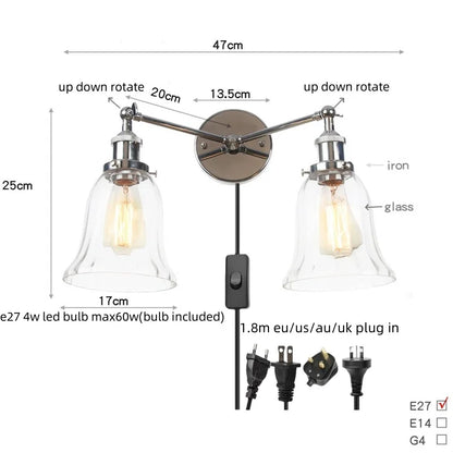 DecorBites™ 2 Head LED Wall Lamps Iron Glass Bedroom Stair Light Fixtures