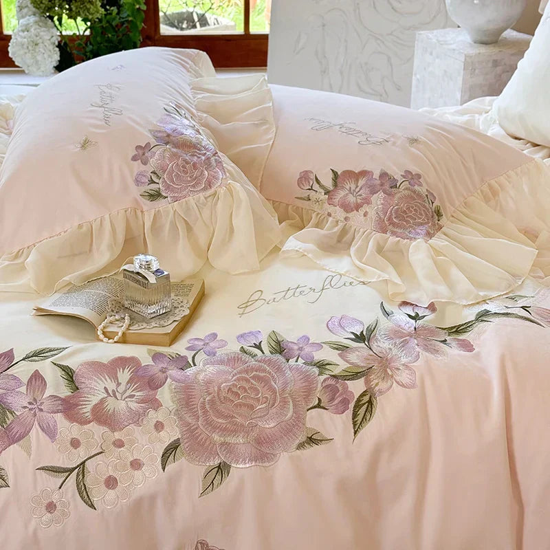 DecorBites™ Flowers Lace Ruffles Wedding Bedding Set 1000TC Egyptian Cotton Duvet Cover Set