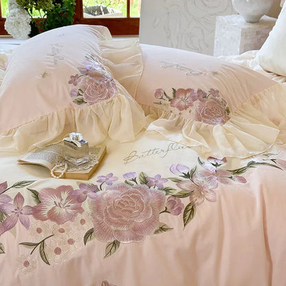 DecorBites™ Flowers Lace Ruffles Wedding Bedding Set 1000TC Egyptian Cotton Duvet Cover Set