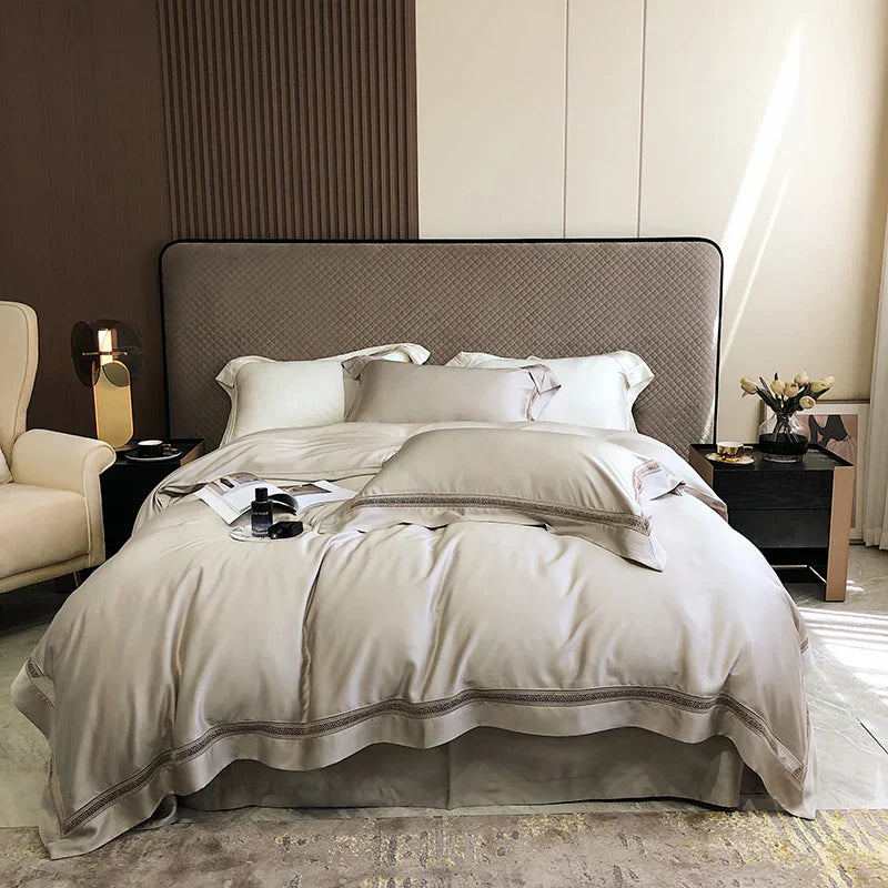 DecorBites™ Eucalyptus Lyocell Luxury Bedding Set in White Champagne Grey Pink