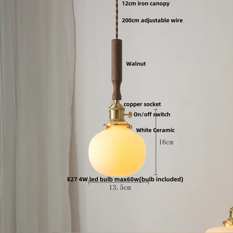 DecorBites™ Ceramic Walnut Wood Pendant Light Fixture - Adjustable LED Lamparas for Study Aisle