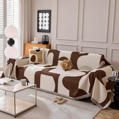 Modern Abstract Chenille Sofa Cover, Large Soft Throw Blanket with Tassels for Couch
