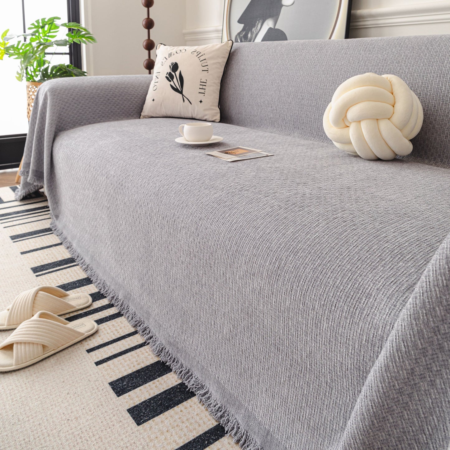 Textured Woven Modern Sofa Cover, Natural Blend Decorative Couch Throw Blanket
