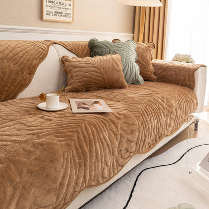 Soft Furry Velvet Plush Non-Slip Sofa Cover Quilted Palm Leaves Sectional Couch Cover for Kids and Pets
