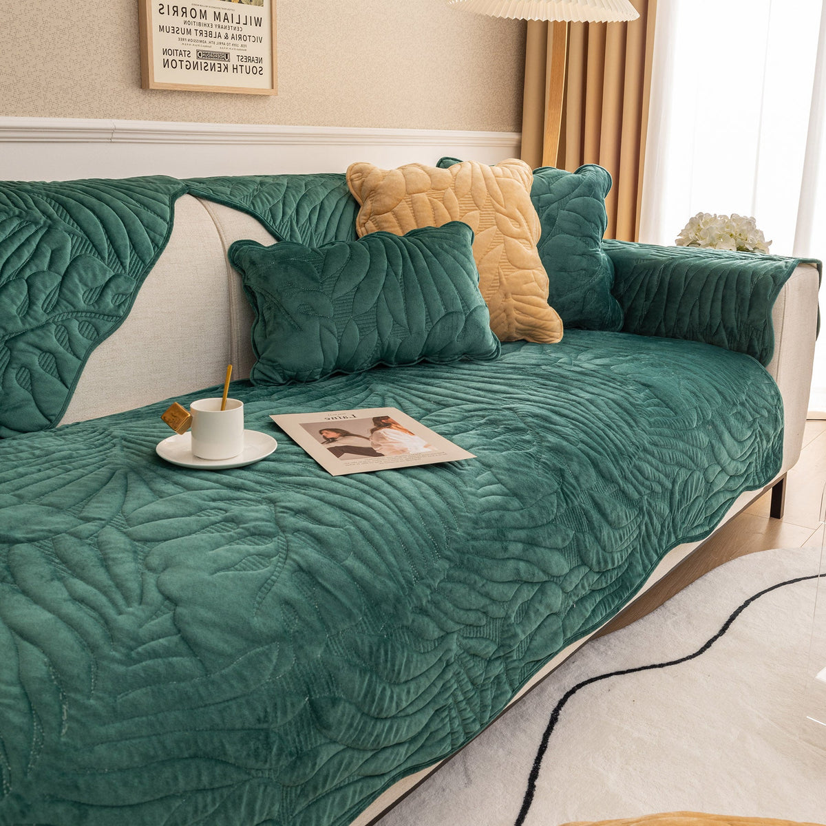 Soft Furry Velvet Plush Non-Slip Sofa Cover Quilted Palm Leaves Sectional Couch Cover for Kids and Pets