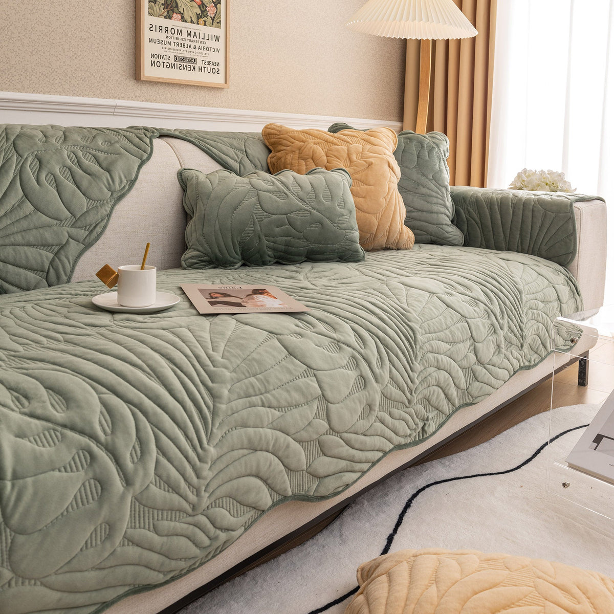 Soft Furry Velvet Plush Non-Slip Sofa Cover Quilted Palm Leaves Sectional Couch Cover for Kids and Pets