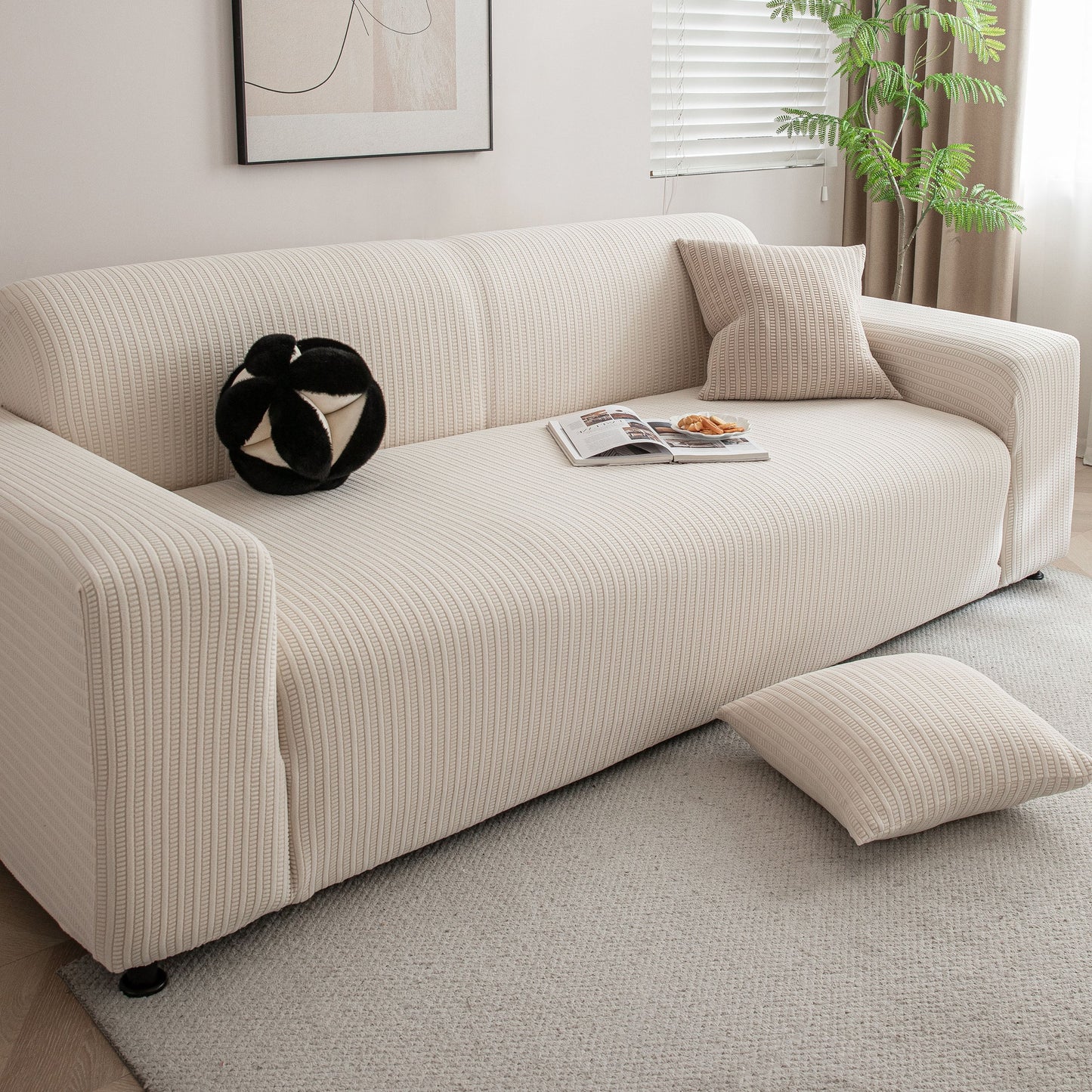 3D Grid Jacquard Sofa Cover, High Stretch Plush Waffle Couch Slipcover with Tie Straps