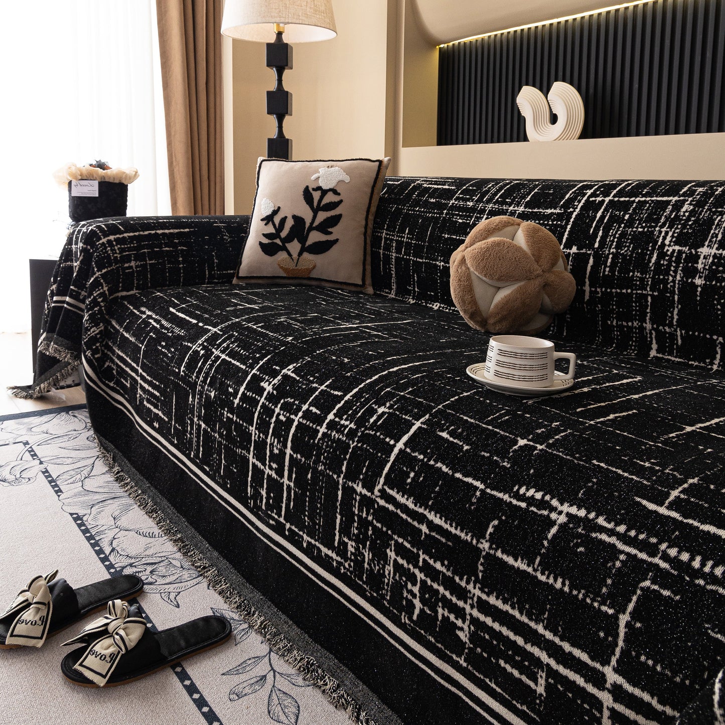 Modern Couch Protector Blanket Woven Chenille Sofa Cover Throw with Artistic Grid