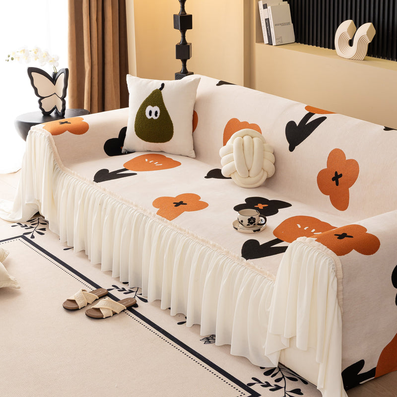 Retro Floral Sofa Cover with Sheer Ruffle Skirt, Decorative Sofa Protector Cover
