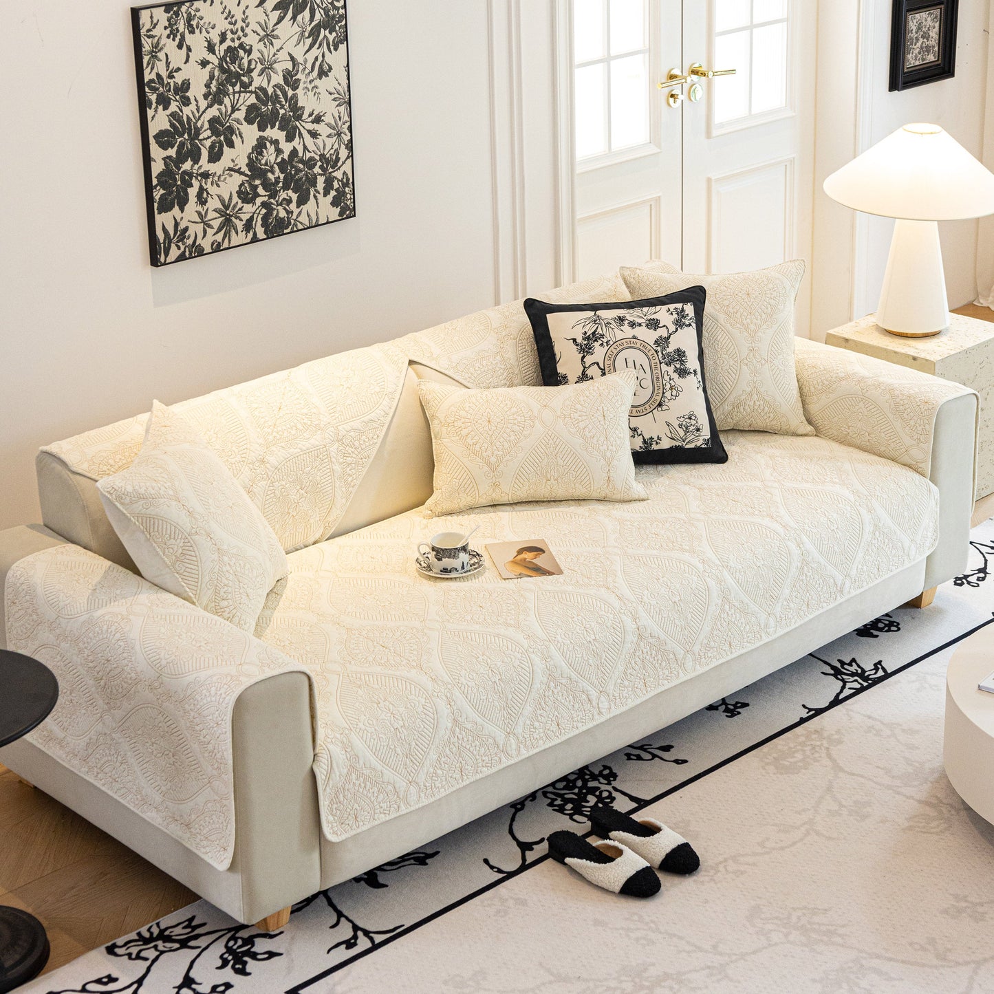 Baroque Sofa Cover – Quilted Cotton, Non-Slip, Washable with Ornate Embroidery
