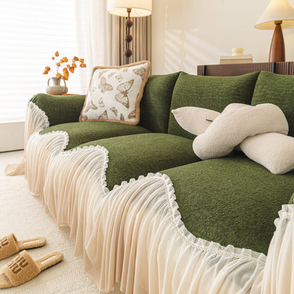 Luxury Sofa Throw Cover with Elegant Ruffled Skirt, Soft Decorative Couch Protector