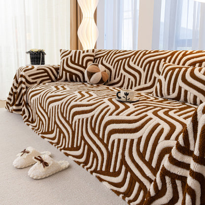 Plush Sherpa Sofa Throw Cover for Sectional, Jacquard Wave Throw Furniture Protector