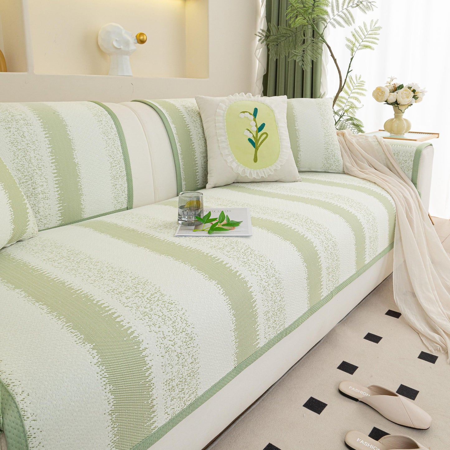 Striped Non-Slip Cooling Couch Cover, Summer Couch Pads for Seat Back Armrest