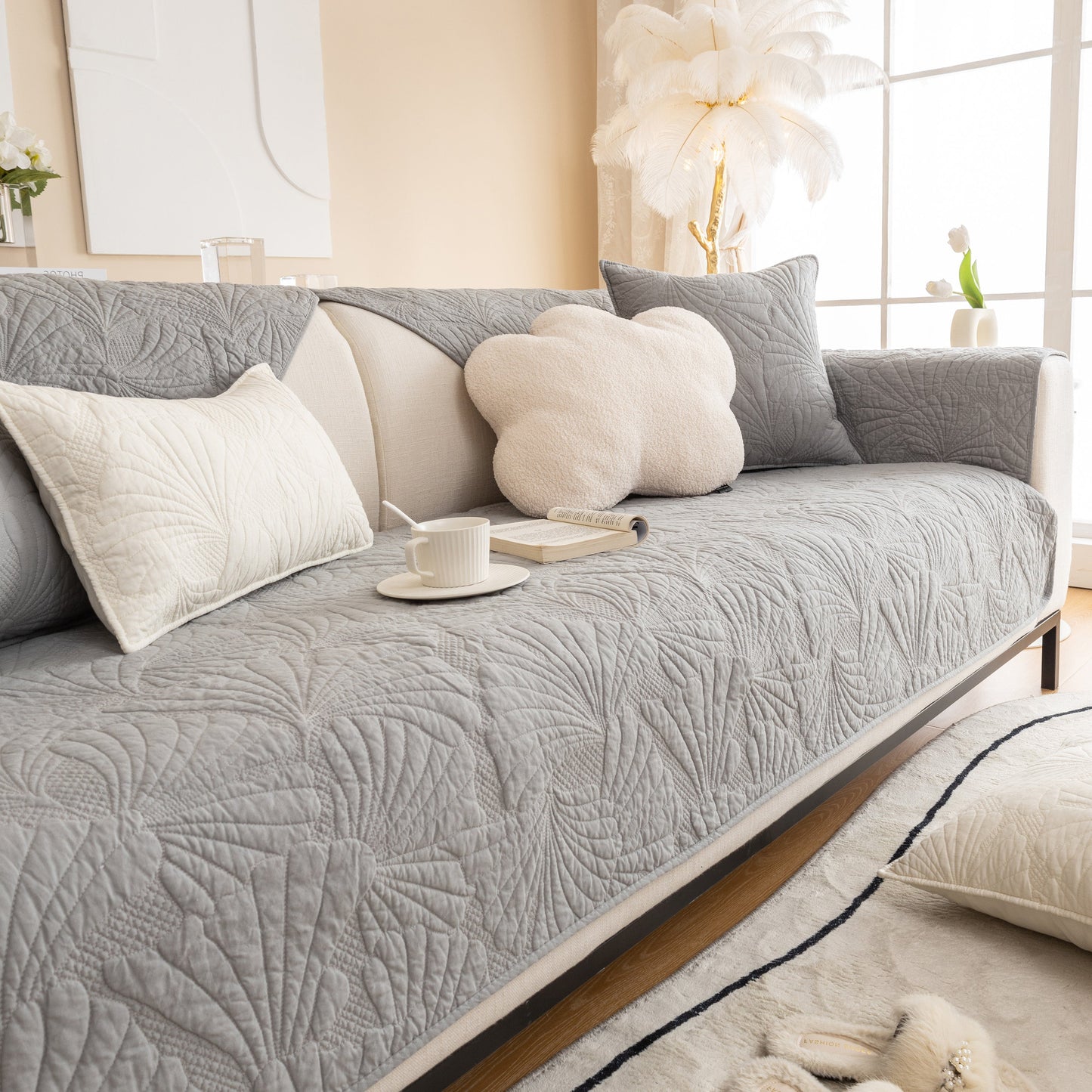 Embossed Leaf Cotton Quilted Sofa Cover Non-Slip Couch Protector with Thick Padding
