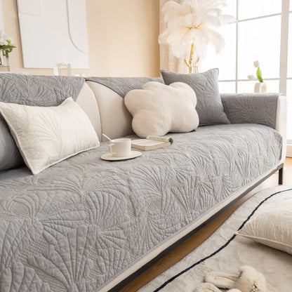 Embossed Leaf Cotton Quilted Sofa Cover Non-Slip Couch Protector with Thick Padding