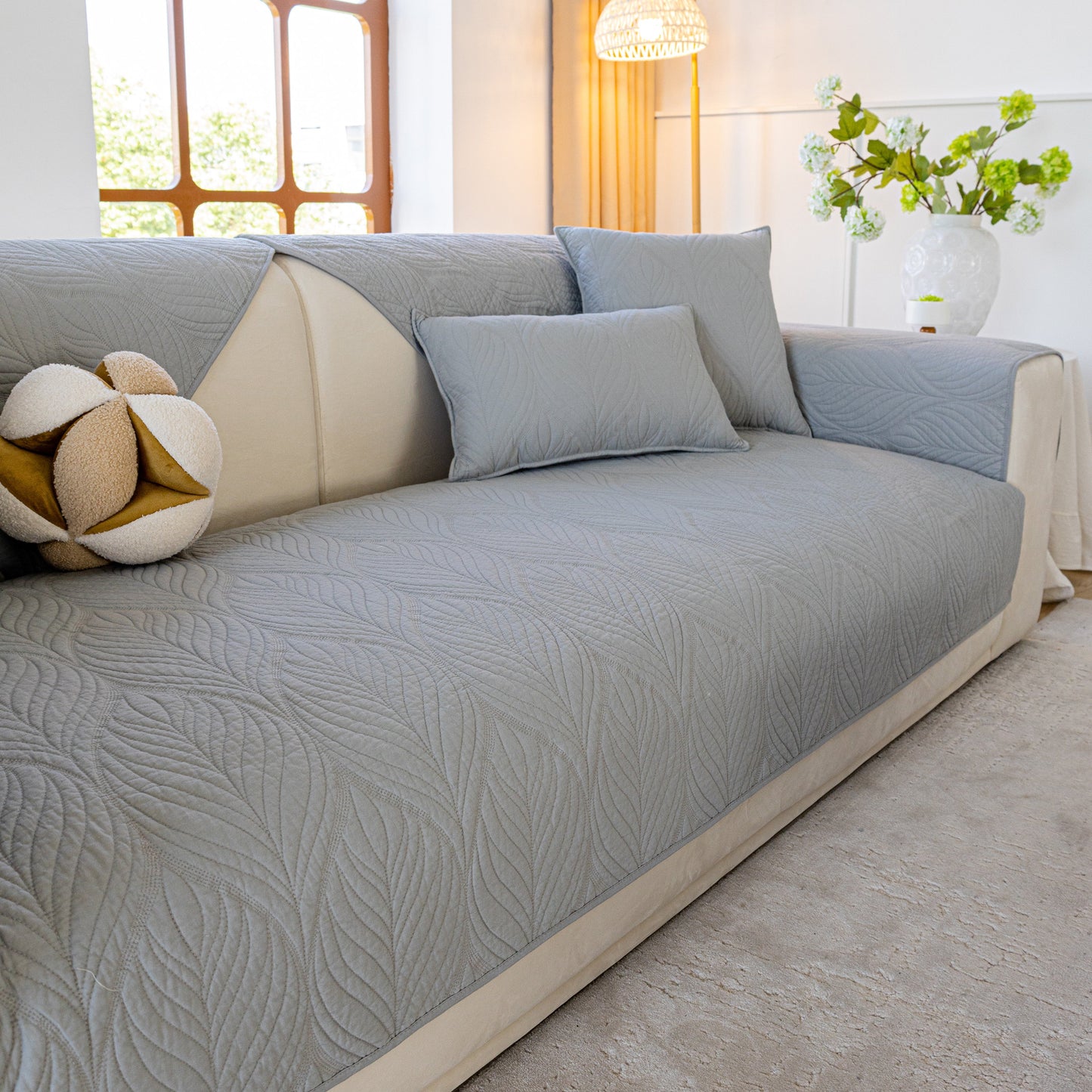 Leaf Vein Textured Cotton Quilted Sofa Slipcover, Non-Slip Modular Couch Covers