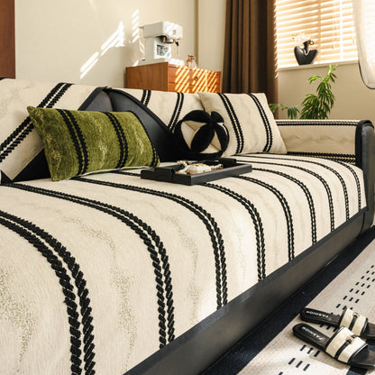 Non-Slip Sofa Cover with Thick Chenille Texture Woven Stripe Couch Protector Throw