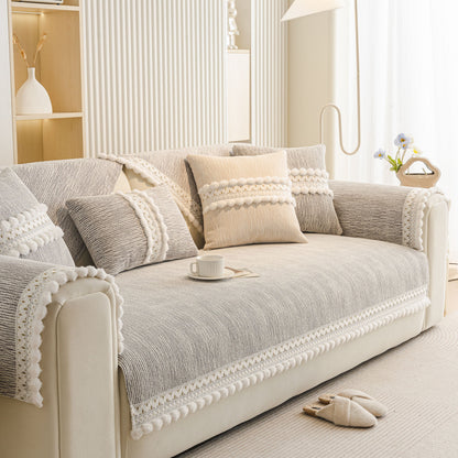Soft Chenille Sectional Sofa Cover with Pom Pom Trim – Non-Slip Couch Protector