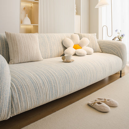 Ribbed Washable Sofa Cover, High Stretch Striped Couch Slipcover with Tie Straps