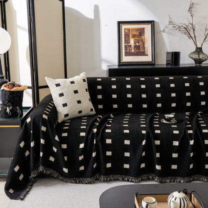 Sofa Throw Blanket with Woven Geometric Pattern & Tassels, Soft & Thick Couch Cover