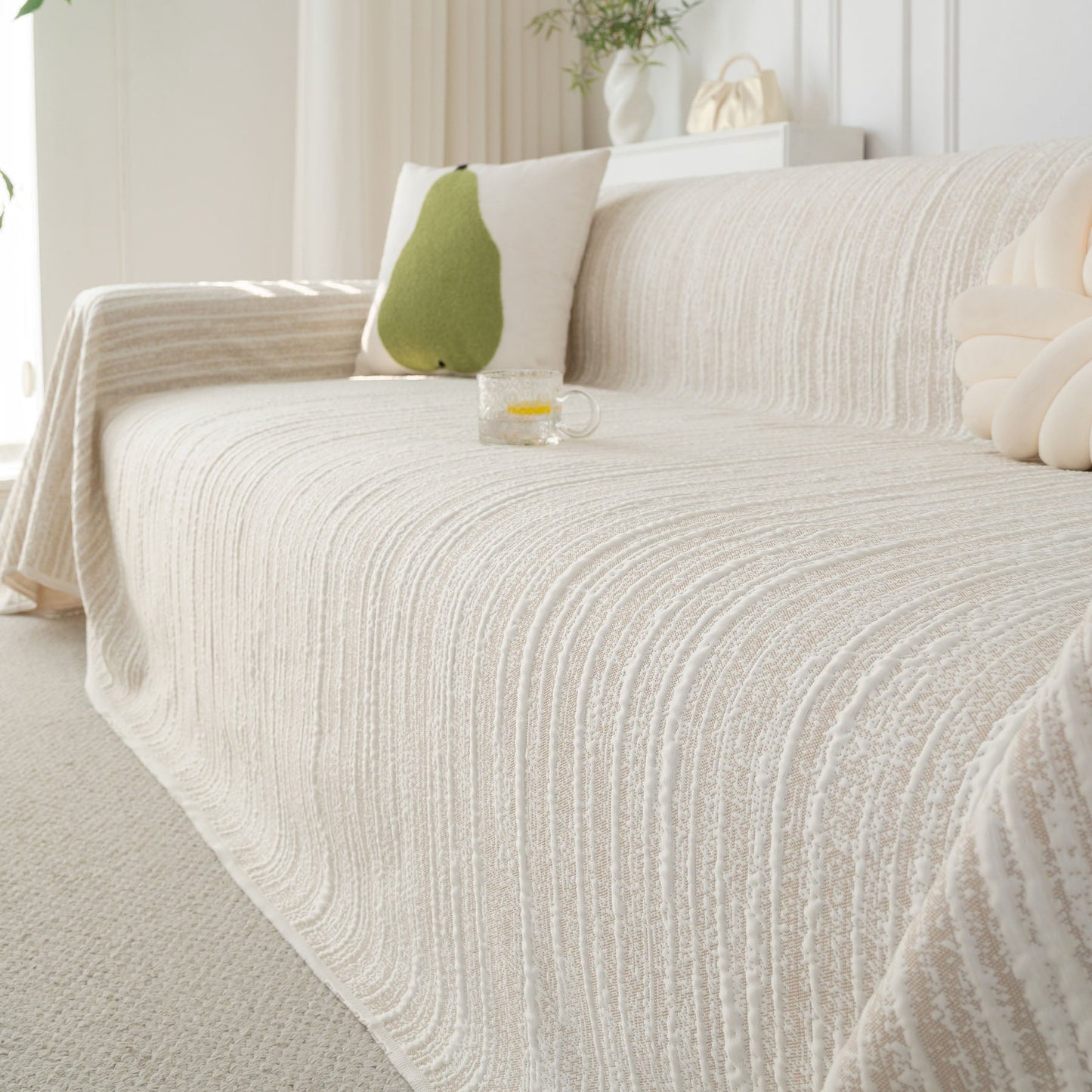 Summer Cooling Ice Silk Sofa Cover, Textured Stripe Soft Breathable Couch Throw Cover