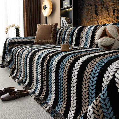 Cozy Decorative Throw Blanket for Couches, Boho Plush Woven Sofa Cover with Stripes
