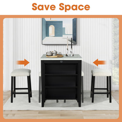36" Modern Dining Table Set with 2 Stool, High Gloss Table Top, USB-A & USB-C Charging Ports