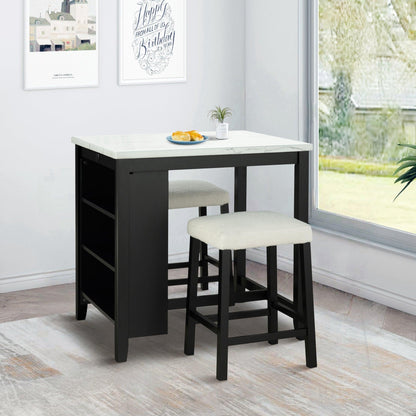36" Modern Dining Table Set with 2 Stool, High Gloss Table Top, USB-A & USB-C Charging Ports