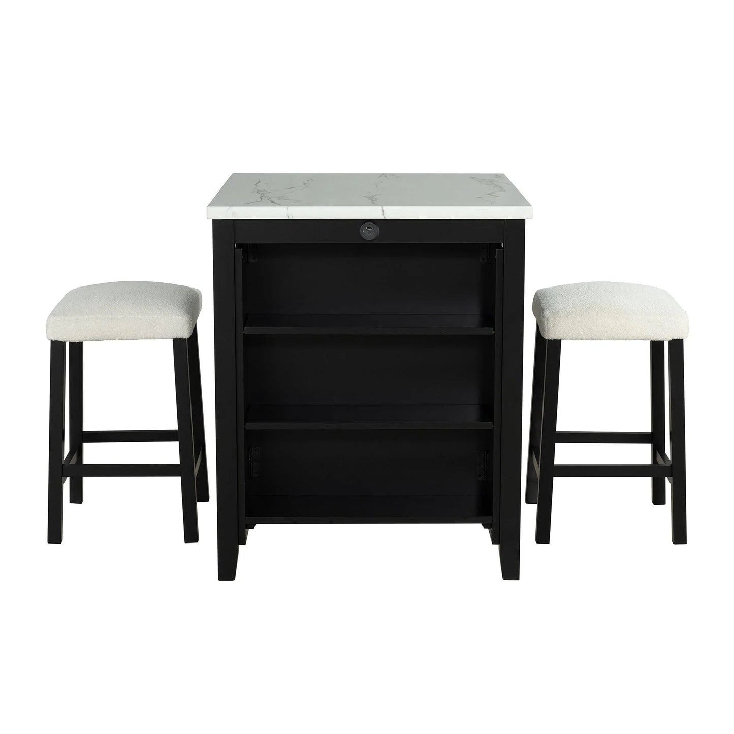 36" Modern Dining Table Set with 2 Stool, High Gloss Table Top, USB-A & USB-C Charging Ports