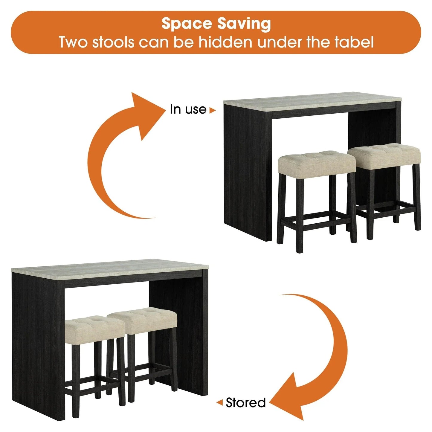 48" Modern Breakfast 1 Dining Table Set with 2 Stools for Apartment, Travertine Table Top