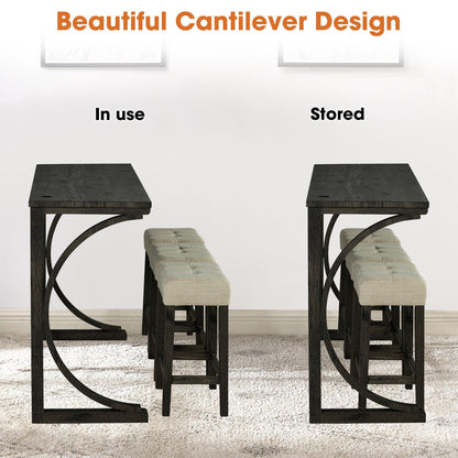 59" Rustic Dining&Bar Table Set with 3 Stools for Apartment, USB-A & USB-C Charging Ports