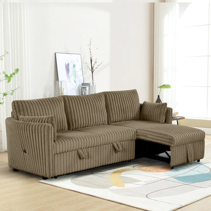 Brown Faux Fur Oversized Convertible Sleeper Sectional Sofa Couch Daybed and Chair Pull Out with 2 Pillows, USB Charging Ports for Living Room