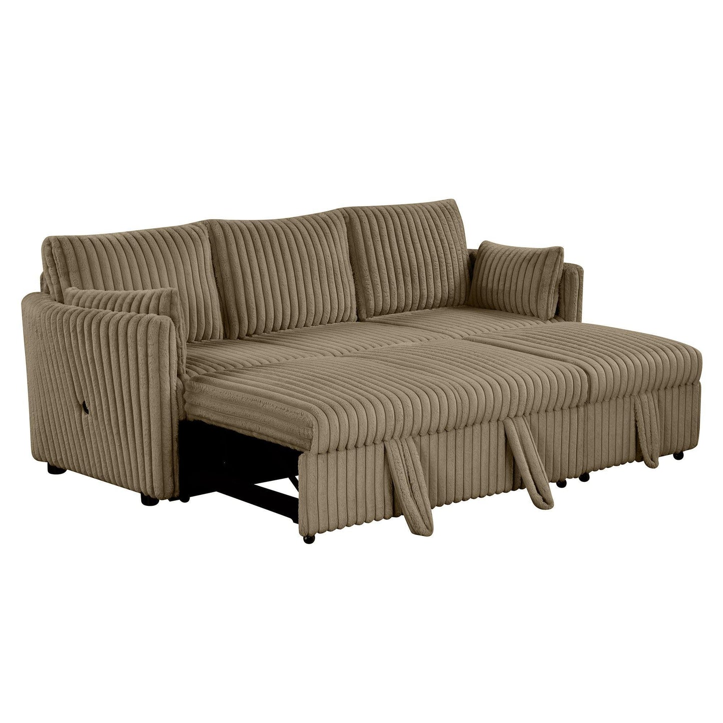 Brown Faux Fur Oversized Convertible Sleeper Sectional Sofa Couch Daybed and Chair Pull Out with 2 Pillows, USB Charging Ports for Living Room
