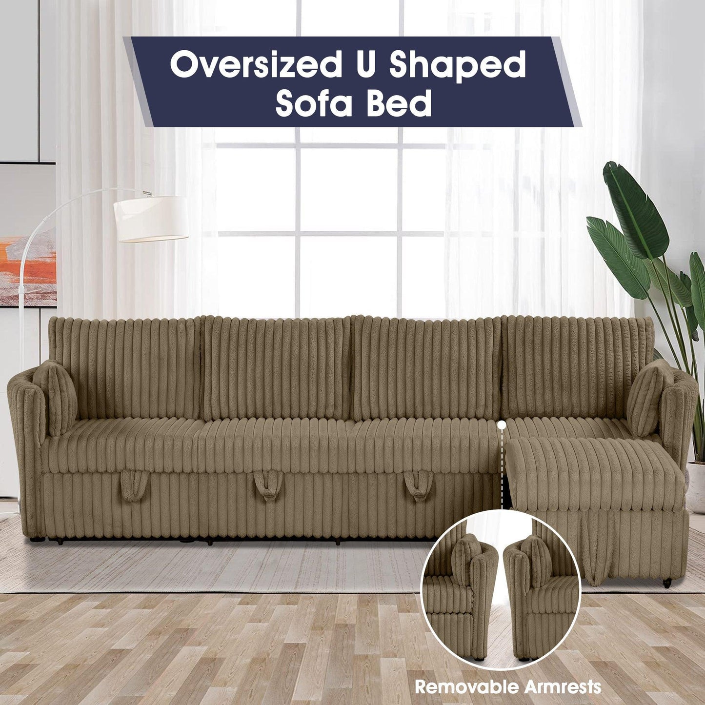 Brown Faux Fur Oversized Convertible Sleeper Sectional Sofa Couch Daybed and Chair Pull Out with 2 Pillows, USB Charging Ports for Living Room