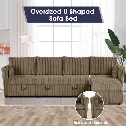 Brown Faux Fur Oversized Convertible Sleeper Sectional Sofa Couch Daybed and Chair Pull Out with 2 Pillows, USB Charging Ports for Living Room
