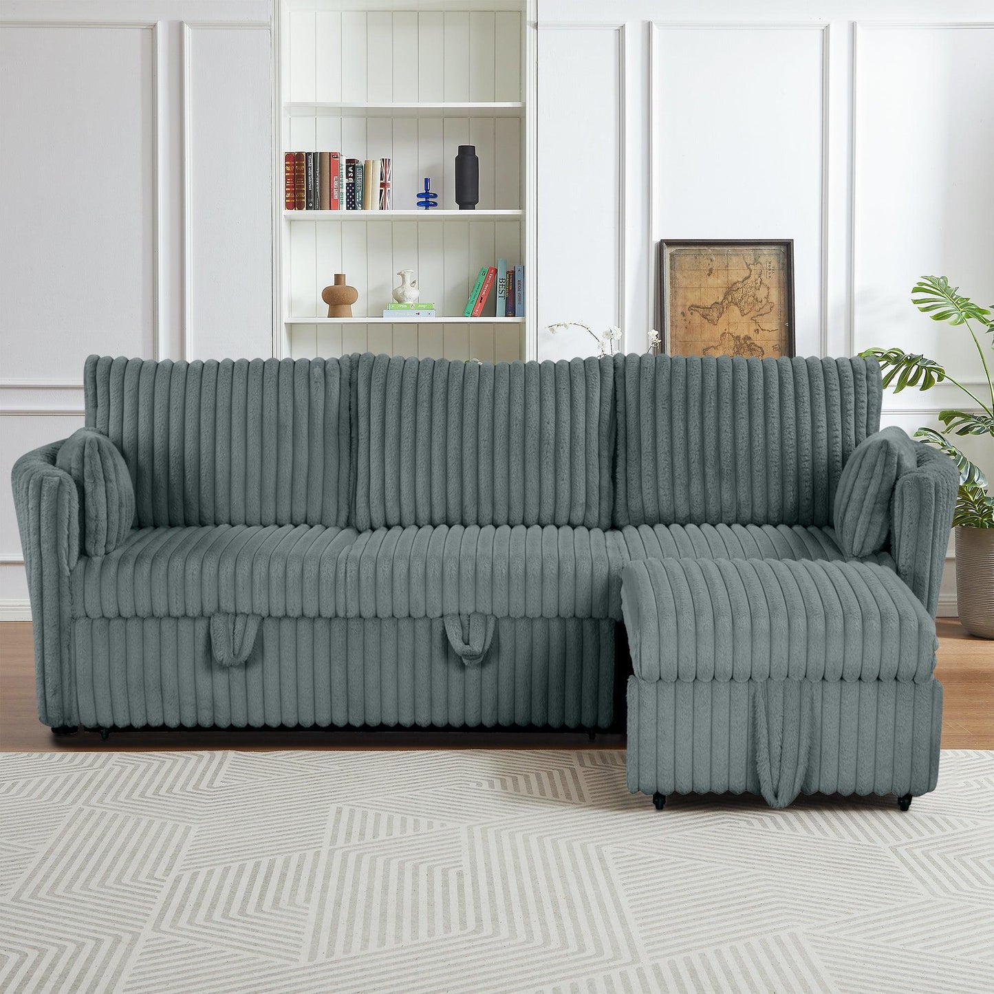 Dark Gray Faux Fur Oversized Convertible Sleeper Sectional Sofa Couch Daybed and Chair Pull Out with 2 Pillows, USB Charging Ports for Living Room