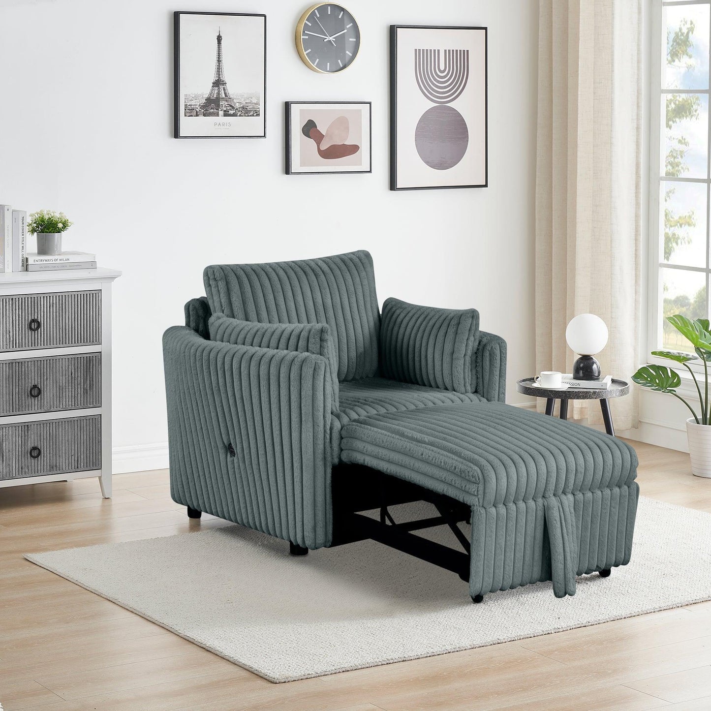 Dark Gray Faux Fur Oversized Convertible Sleeper Sectional Sofa Couch Daybed and Chair Pull Out with 2 Pillows, USB Charging Ports for Living Room