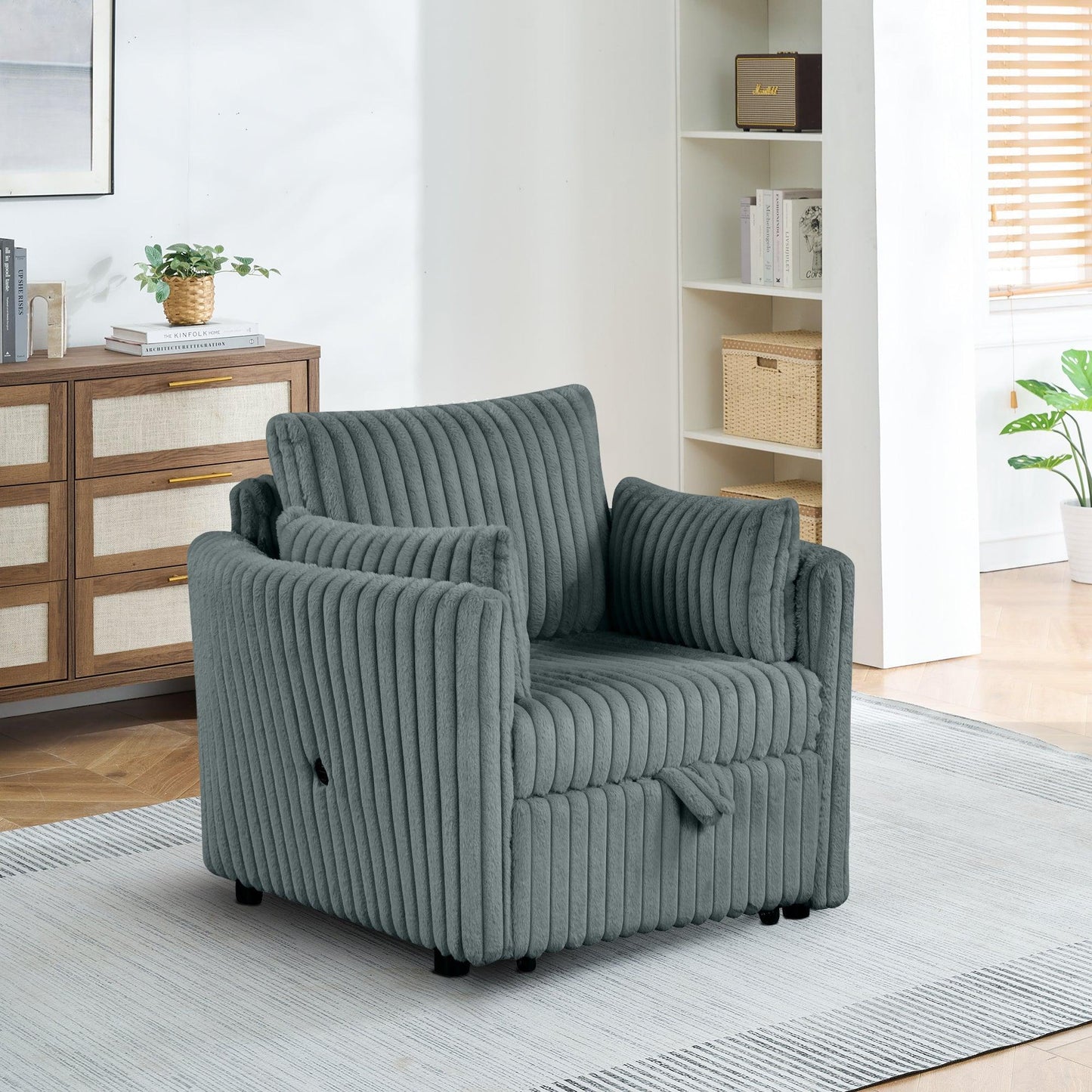 Dark Gray Faux Fur Oversized Convertible Sleeper Sectional Sofa Couch Daybed and Chair Pull Out with 2 Pillows, USB Charging Ports for Living Room