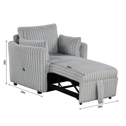 Light Gray Faux Fur Oversized Convertible Sleeper Sectional Sofa Couch Daybed and Chair Pull Out with 2 Pillows, USB Charging Ports for Living Room