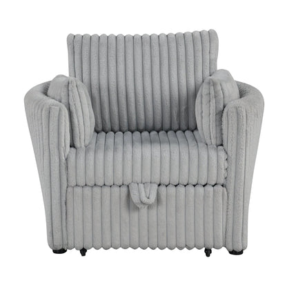 Light Gray Faux Fur Oversized Convertible Sleeper Sectional Sofa Couch Daybed and Chair Pull Out with 2 Pillows, USB Charging Ports for Living Room